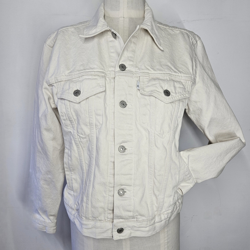 Levi's Men's L Denim Trucker Jacket Cream White 6 Pocket Button Down Unisex